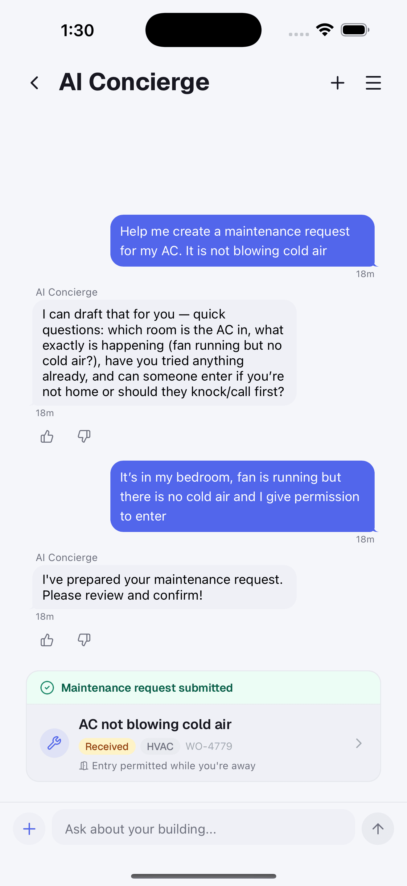 TenantLink AI Concierge drafting a maintenance request on mobile