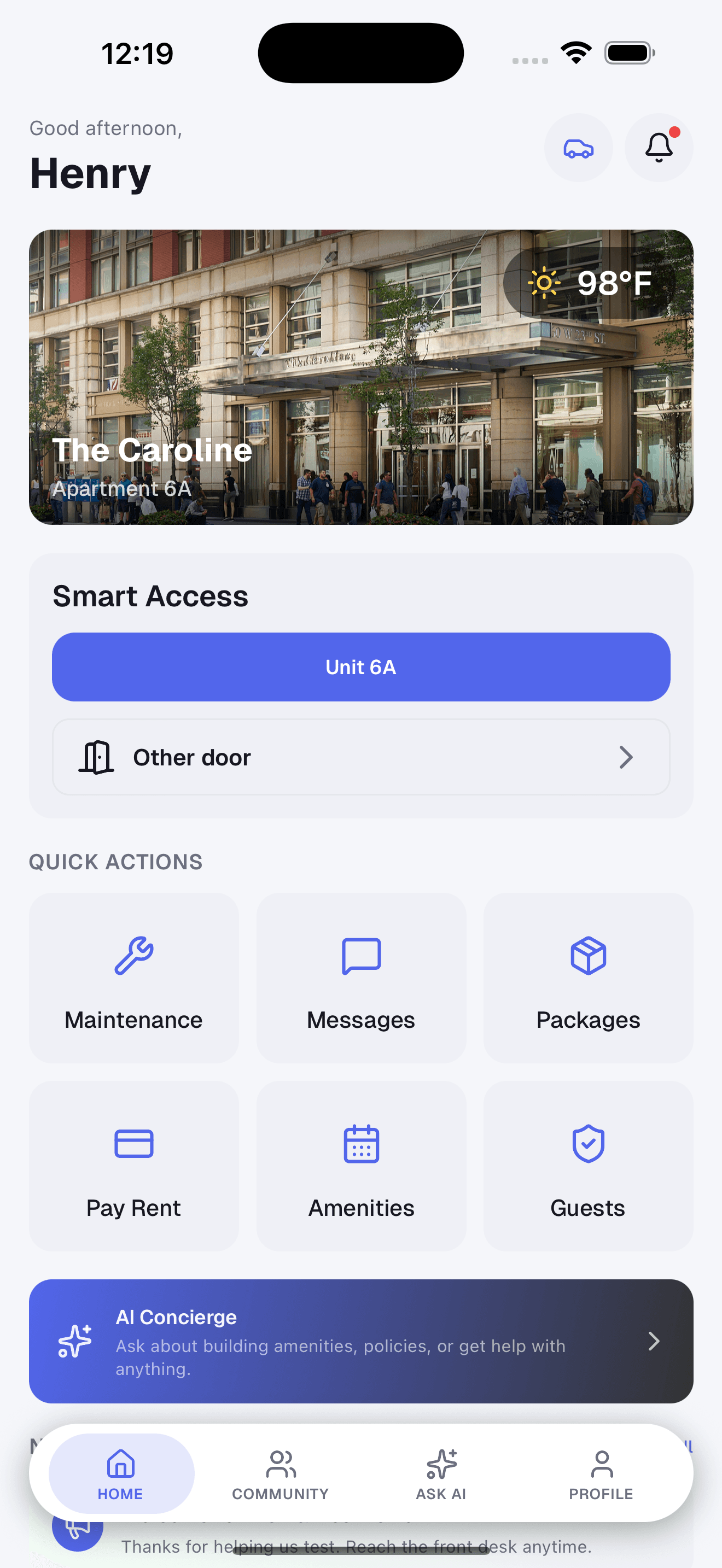 TenantLink resident home screen on mobile